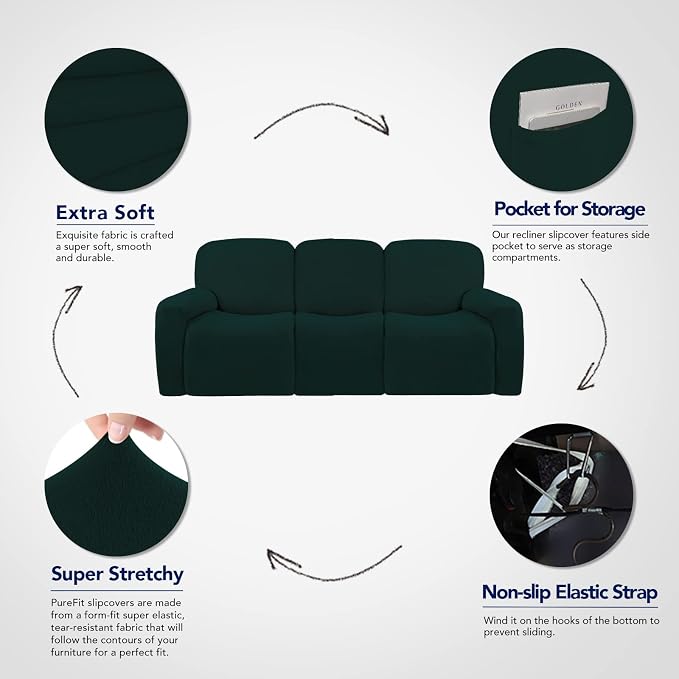 PureFit Super Stretch 3 Seats Recliner Sofa Couch Cover with Pocket – Non Slip Soft Sofa Slipcover, Washable Spandex Reclining Furniture Protector for Kids, Pets (Recliner Sofa, Deep Teal)