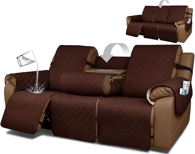 Waterproof Recliner Sofa Covers with Flipped Middle Backrest Washable Recliner Couch Covers Non-Slip with Elastic Straps Furniture Protector for Kid Dogs Pets (Coffee)