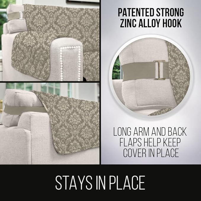 Sofa Shield® Couch Slip Covers for Dogs, Reversible Furniture Protector with Strap, Stain and Tear Resistant Cushion Cover, 70 inch Seat, Machine Washable Slipcover Pets, Cats, Damask Latte Ivory
