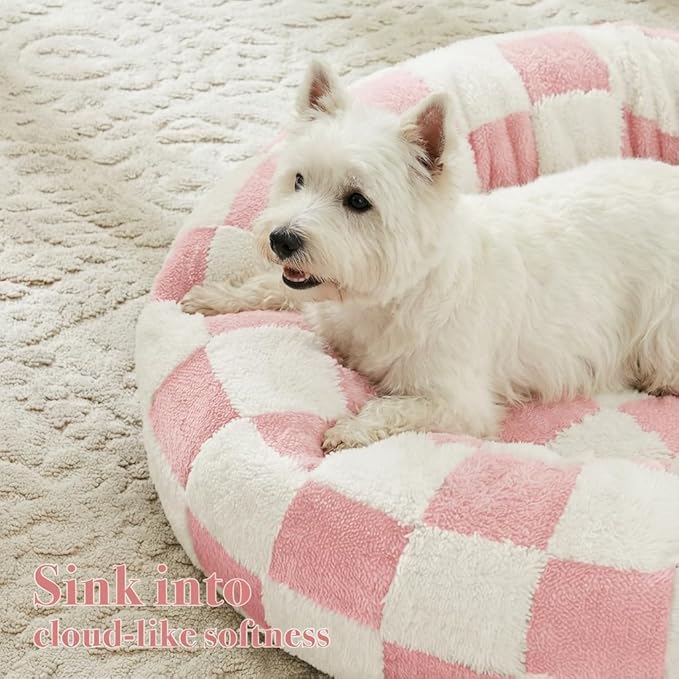 Ohocut Checkered Dog Bed, Cute Girly Pink Retro Style Aesthetic Round Warming Pet Calming Beds for Small Dog and Cats, Plush Cozy Donut Dog Beds Washable, 30" L x 30" W x 8" Th
