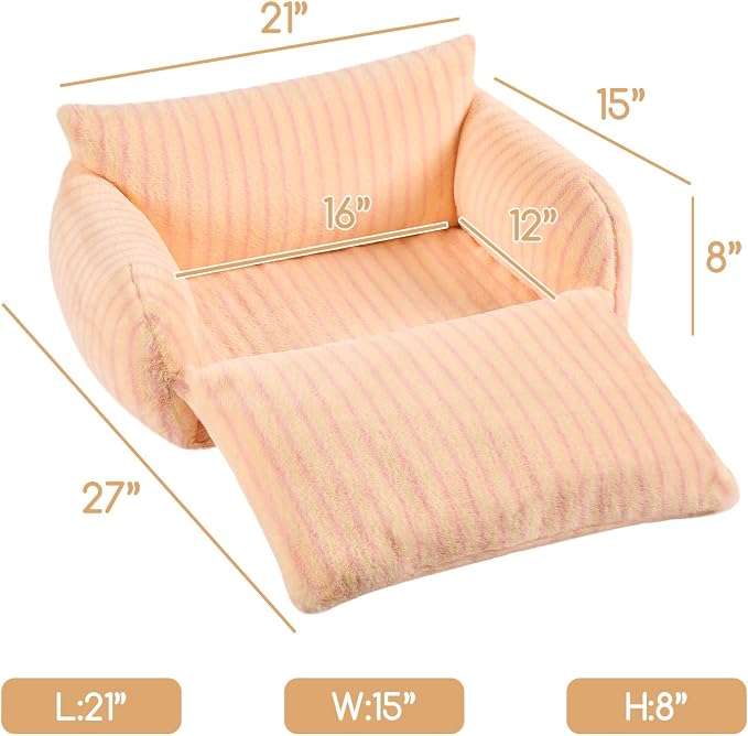 Hollypet Cat Bed Fluffy Plush Multifunctional Double-Layer Machine Washable Soft Warming Kitty Pet Couch Orthopedic Nest Beds for Small Cats Kitten and Dogs up to 13lbs, Pink Stripes(21x15x8 inch)