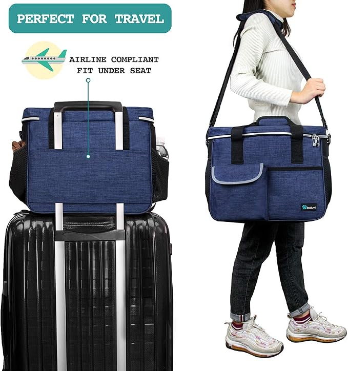 PetAmi Dog Travel Bag Organizer, Pet Travel Kit with 2 Food Containers & 2 Collapsible Dog Bowls, Pet Supplies Tote with Luggage Sleeve, Weekend Road Trip Camping Essentials, Navy Blue, Medium