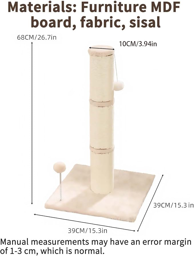 Marchul Cat Scratching Post with Wide-Base, Heavy Duty Thick, Sisal Cat Scratcher Posts 26.7 Inches with Hanging Ball for Kittens Medium Cats and Multiple Cats Households