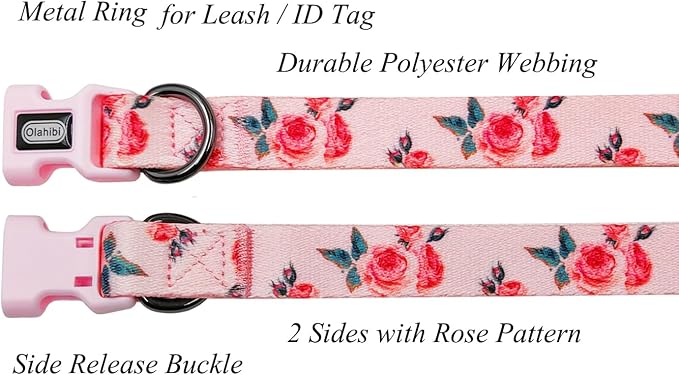 Dog Collar and Leash Set, Cute Rose Pattern, Polyester Material, 5ft Leash, for Small Dogs.(Small,Pink Rose)