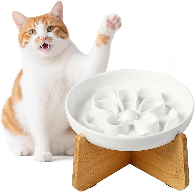 PTOBER Elevated Slow Feeder Cat Bowl - Melamine Cat Dish with Anti-Slip Bamboo Stand - Whisker Friendly Feeding Bowl - Floral Maze Food Plate for Slow Eating - White