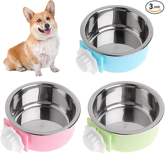 kathson Crate Dog Bowl, Removable Stainless Steel Hanging Pet Cage Bowl Food & Water Feeder Coop Cup for Cat, Puppy, Birds, Rats, Guinea Pigs (3 PCS, Size: M, Blue, Green, Pink)