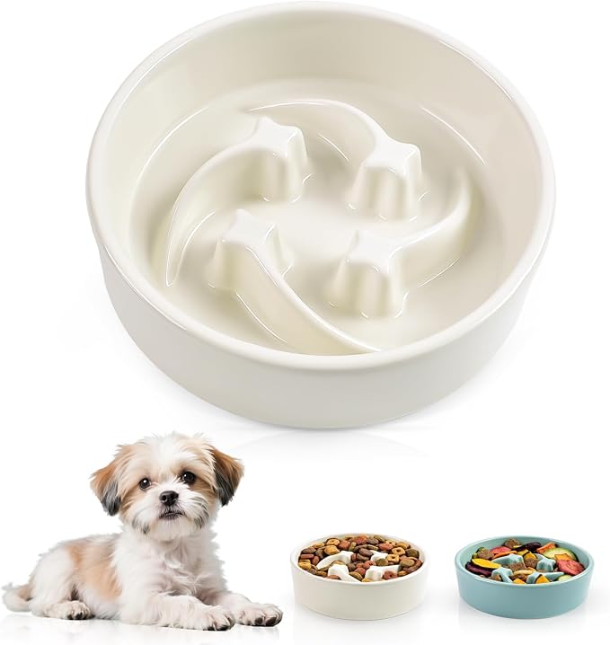 Ceramic Slow Feeder Dog Bowls, 0.6 Cups Dog Food Dish for Small and Medium Breed, Puzzle Dog Food Bowl for Fast Eater, 15OZ, 6.3 inch(Beige)