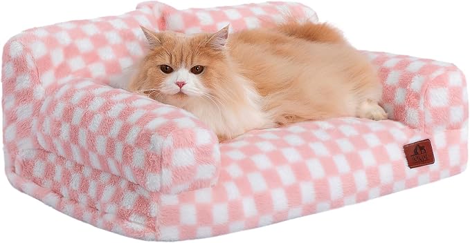 Hollypet Fluffy Dog Cat Bed Pet Couch Beds Plush Soft Warming Washable Puppy Bed for Small Medium Dogs and Large Cats, Pink and White, 24" L x 18" W x 10" Th