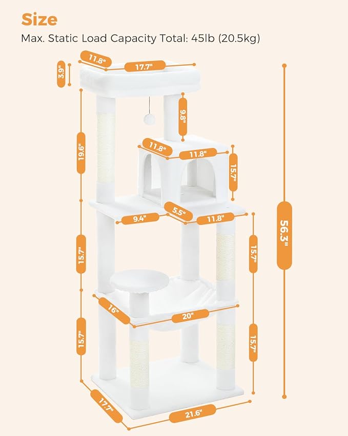 MUTTROS Cat Tree for Large Cats with Metal Plush Big Hammock, 56.3" Cat Tower for Indoor Cats with 2 Door Condo House, 6-Tier Cat Shelves with Scratching Posts and Large Top Perch, Cream White