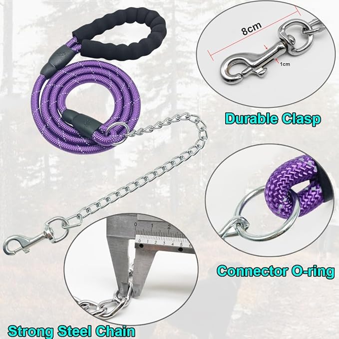 BTINESFUL 6FT Chewproof Dog Leash, Strong Nylon Rope with Anti-Chewing Chain and Padded Handle for Medium Large Dogs Outdoor Training Walking Hiking (Purple)