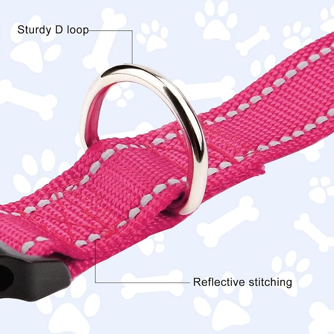 FunTags Length 14" - 20" Reflective Neon Pink Dog Collar for Medium Dogs – Night Walking & Training Safety, Durable Quick Release Buckle, Nylon, Comfortable Adjustable, Width 1"