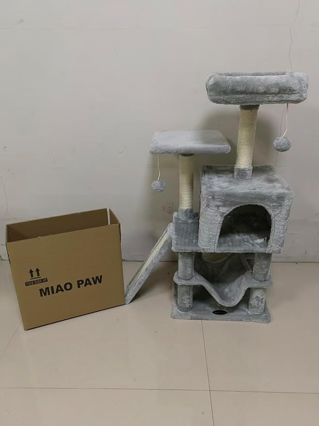 Grey Cute Cat Tree for Indoor Cat Tower with Scratching Post Modern Activity House Hammock Hanging Ball Condo with Board