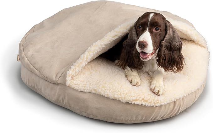 Snoozer Cozy Cave Dog Bed - Indoor Dog Bed with Cover Cave, Covered Calming Burrow for Small Sized Pets with Blanket Attached, Enclosed, Removable Washable Cover - Small, Buckskin