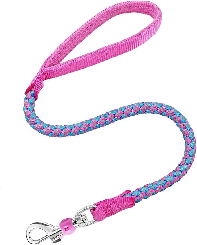 2/3/4/6/10 Foot Reflective Dog Leash Strong Nylon Rope Braided Heavy Duty for Large Medium Small Dogs Walking Training Leads (Pink, 2ft * 1/2")