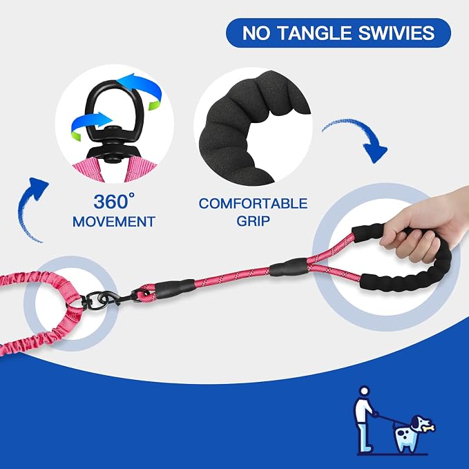 MingXpets Double Dog Leash, Dual Dog Leash, 360° Swivel Tangle Free Bungee Walking Training for Large Medium Dogs, Shock Absorbing Bungee Reflective for Two Dogs, 18~120 lbs, Pink
