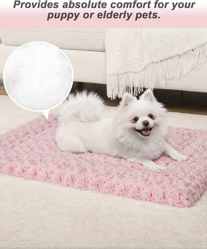 Washable Dog Bed Mat Crate Pad Soft Fluffy Pet Kennel Beds Dog Sleeping Mattress for Large Jumbo Medium Small Dogs, 36 x 23 Inch, Pink