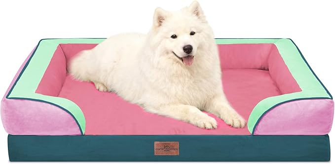 Comfort Expression Orthopedic Dog Bed for Large Dogs 36x27 Inch, Waterproof Egg Crate Foam Large Pet Bed with Bolsters, Dog Couch with Washable Cover & Non-Slip Bottom, Mint-Berry Dream