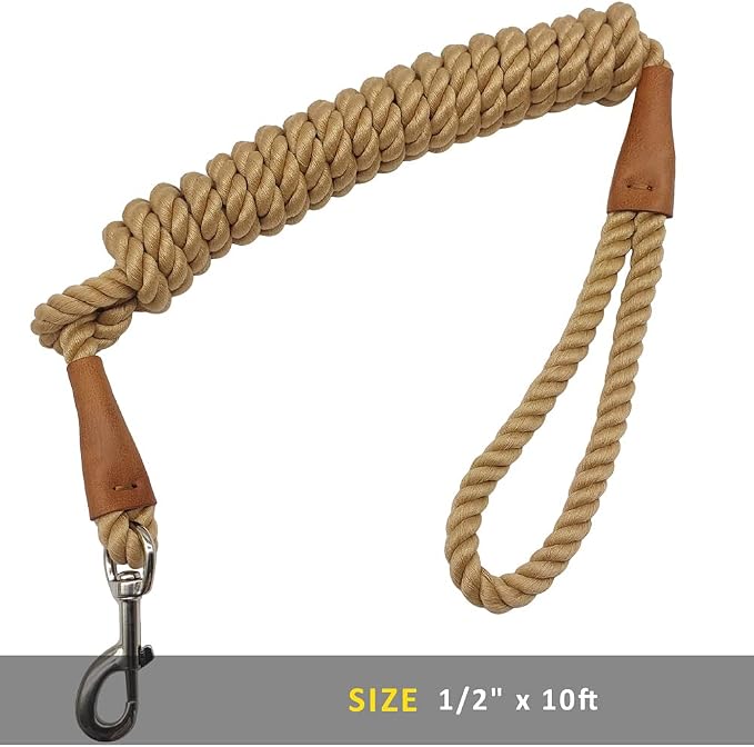 BTINESFUL Heavy Duty Cotton Dog Leash 3FT/ 5FT/ 10FT, Strong Rope Leash Soft Handle Dog Traction for Large Medium Dogs Hiking, Camping, Exploring, Walking(1/2" x 10ft, Brown)