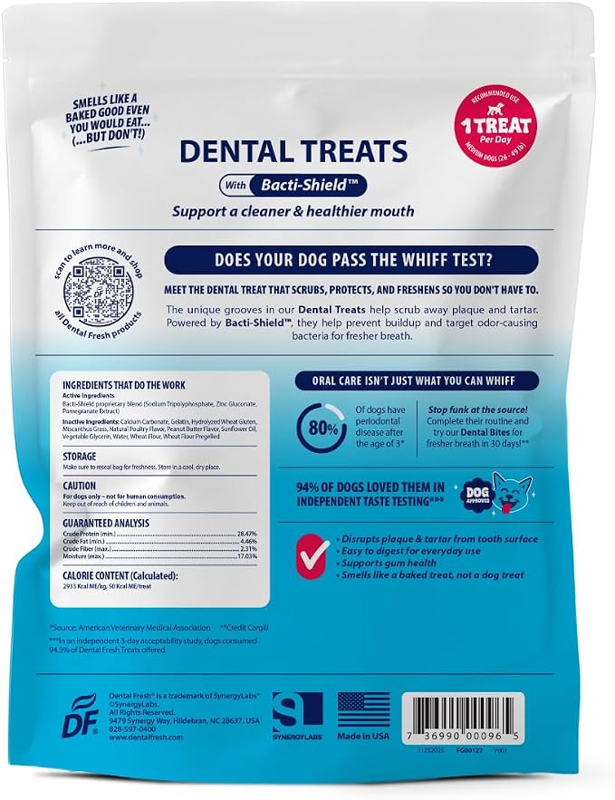 Dental Fresh Dental Treats for Medium Dogs, Vet-Formulated Teeth Cleaning Dental Sticks to Help Reduce Plaque and Tartar and Freshen Breath, 26 Count Brush Free Dental Chews for Dogs 26 to 49 lbs