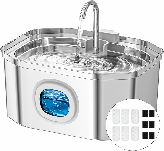 Cat Water Fountain, Apauk 108oz/3.2L Silent cat Water Fountain Stainless Steel, Cat Fountain, Automatic Dog Water Fountain,Controllable Blue Light - (6 Filters& 6 Sponges)