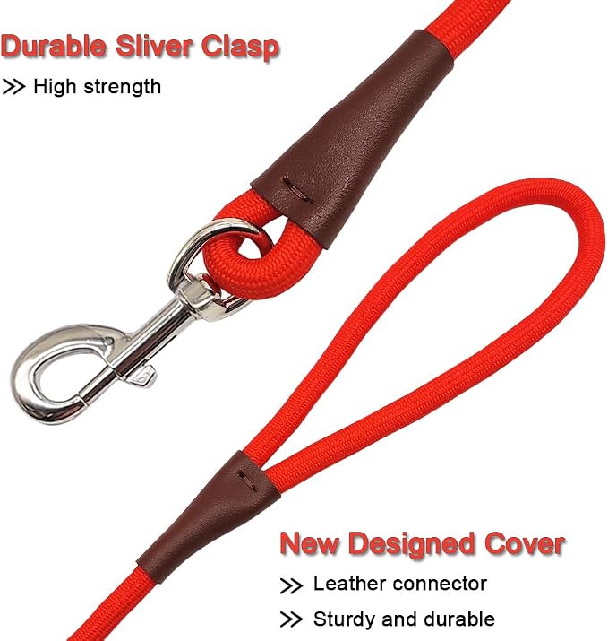 MayPaw 4/6 /8/10 FT Dog Leash, Classic Solid Colors, Strong Nylon Rope Dog Leash Reinforced with Leather Tailor Connection Heavy Duty Silver Clasp (red, 6ft*1/2")