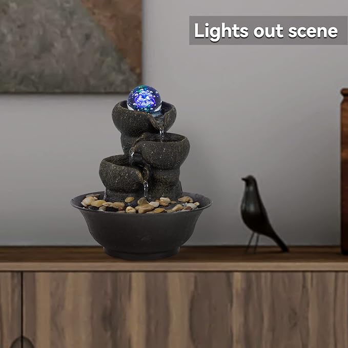 Ferrisland Tabletop Waterfall Fountain - 3-Step Modern Water Fountain with LED Light for Office Desktop Decor
