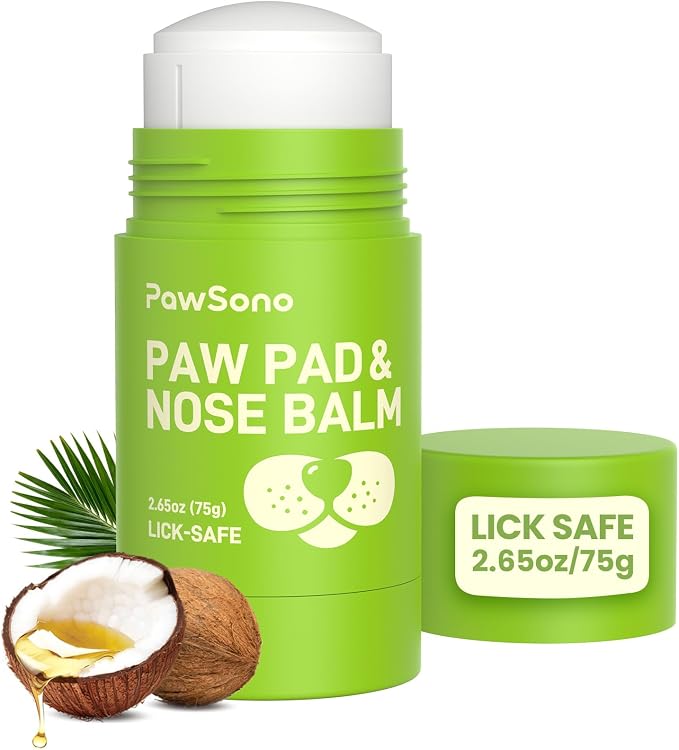 PawSono Lick-Safe Dog Paw & Nose Balm with Coconut Oil | All-Natural Moisturizer & Soother for Dry, Cracked Pads & Snout | Heat & Cold Pavement Protection Wax | Horse Hoof, Joint Care (2.6 oz)