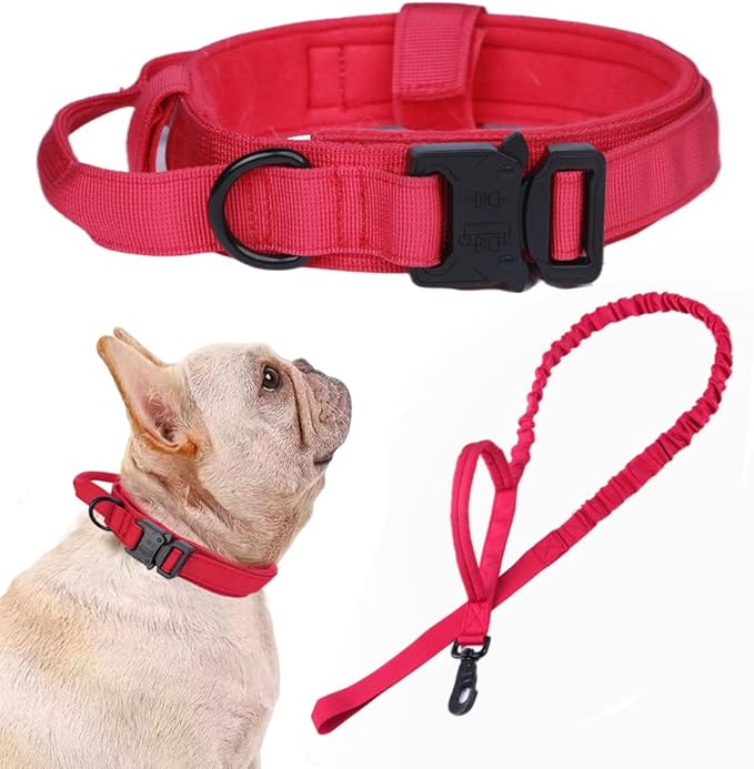 Tactical Dog Collar and Leash Set Adjustable Military Nylon Dog Collar with Control Handle and Heavy Duty Metal Buckle for Large Dogs（Red S