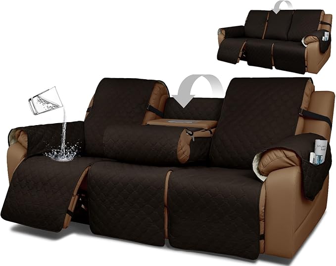 Waterproof Recliner Sofa Covers with Flipped Middle Backrest Washable Recliner Couch Covers Non-Slip with Elastic Straps Furniture Protector for Kid Dogs Pets (Chocolate)