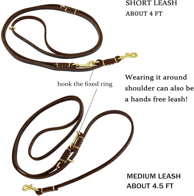 Multi Function 8ft Genuine Leather Hands Free Dog Training Leash for Puppy Small and Medium Dogs (8 Foot*3/8 inch, Brown)