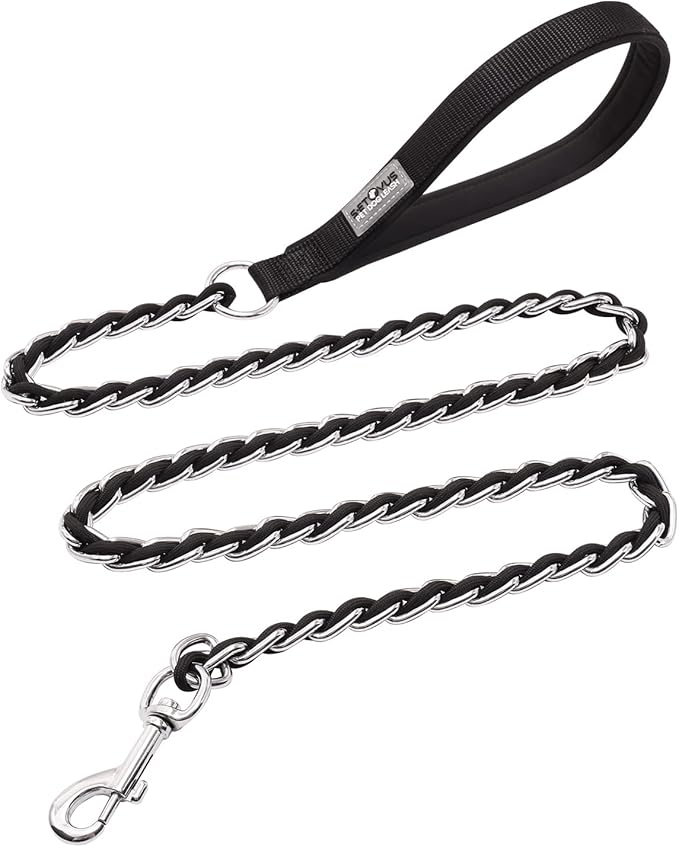 Chain Dog Leash Chew Proof Metal Leash for Medium Large Dogs, Chain Link Dog Anti Chew 5.2FT / 4FT Strong Anti Bite Comfortable Soft Padded Handle (Black, 5FT(30-80lb)