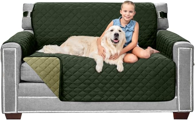 Sofa Shield® Couch Loveseat Covers for Dogs, Reversible Furniture Protector with Strap, Stain and Tear Resistant Cushion Cover, 54 inch Seat, Machine Washable Slipcover Pets, Cats, Hunter Green Sage