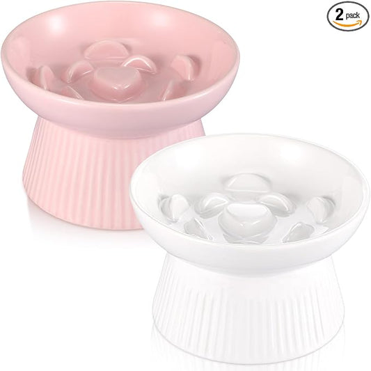 Layhit 2 Pack Raised Slow Feeder Cat Bowls Ceramic Elevated Cat Food Bowls Anti Vomiting Slow Feeder for Dog and Kitten for Dry and Wet Food(Pink, White)