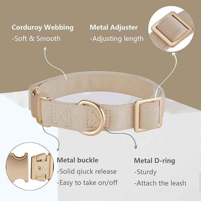 Soft Corduroy Dog Collar and Leash Set Adjustable Durable Wedding Dog Collars with Metal Buckle and Lead for Medium Dogs,Beige