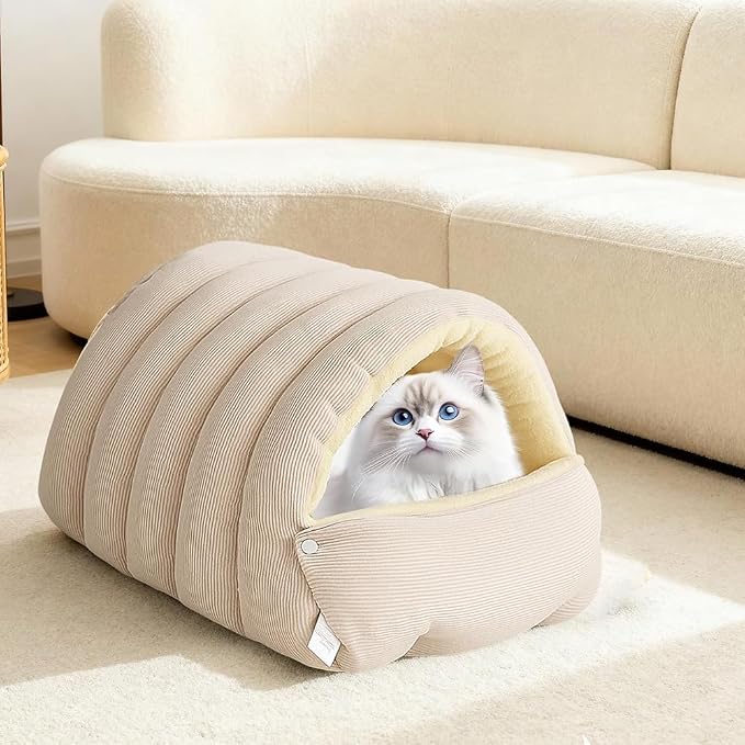 Plush Pet Cave Bed with Removable Cushion | Cozy Winter Hideaway for Small to Medium Dogs & Cats | Washable | XL Size, Light Beige