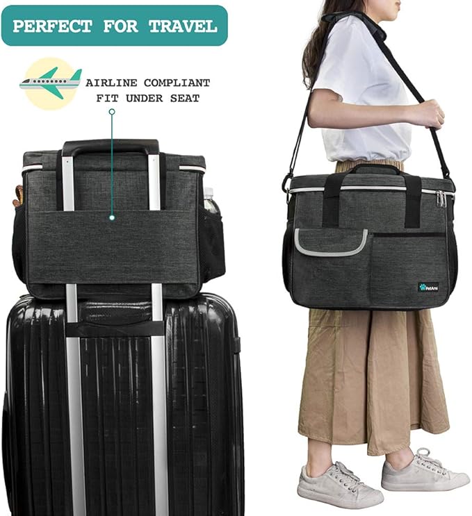 PetAmi Dog Travel Bag Organizer, Pet Travel Kit with 2 Food Containers & 2 Collapsible Dog Bowls, Pet Supplies Tote with Luggage Sleeve, Weekend Road Trip Camping Essentials, Dark Gray, Medium