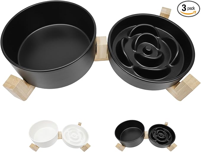 Ceramic Slow Feeder Dog Bowl Set-0.8 Cup Puzzle Dog Food Bowl（≈180g Food） for Fast Eater & 850ML Dog Water Bowl with Wooden Stand for Small Dogs and Cats,Anti-Slip,Black