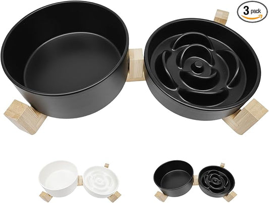Ceramic Slow Feeder Dog Bowl Set-0.8 Cup Puzzle Dog Food Bowl（≈180g Food） for Fast Eater & 850ML Dog Water Bowl with Wooden Stand for Small Dogs and Cats,Anti-Slip,Black