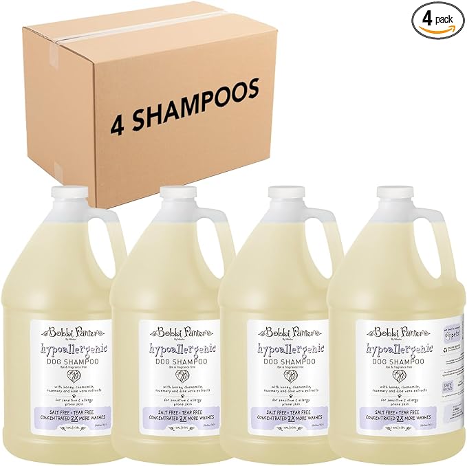 Bobbi Panter Hypoallergenic Dog Shampoo Honey, Aloe Vera, Chamomile & Rosemary – Dye & Fragrance Free Natural Formula for Sensitive & Allergy Skin, Tear-Free, 30:1 Concentrate, 1 Gallon (Case of 4)