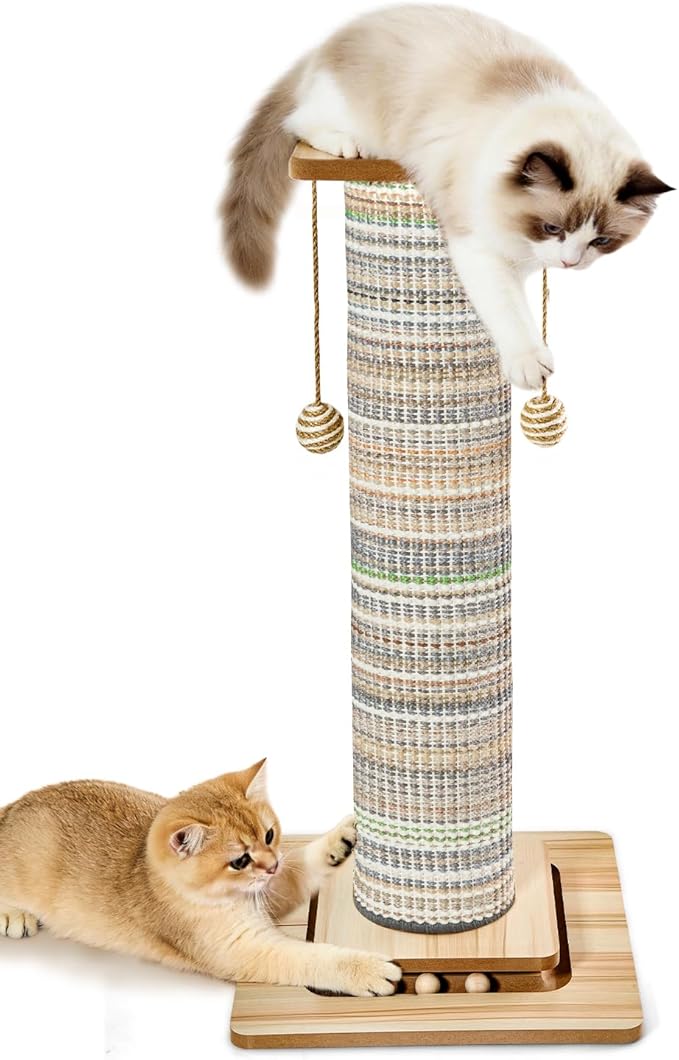 31" Extra Tall Cat Scratching Post, Natural Sisal Cat Scratcher for Indoor Cats Adults & Large Cats, Sturdy Wood Cat Tree Tower with Interactive Ball Track & Top Perch, Modern Design for Home Decor