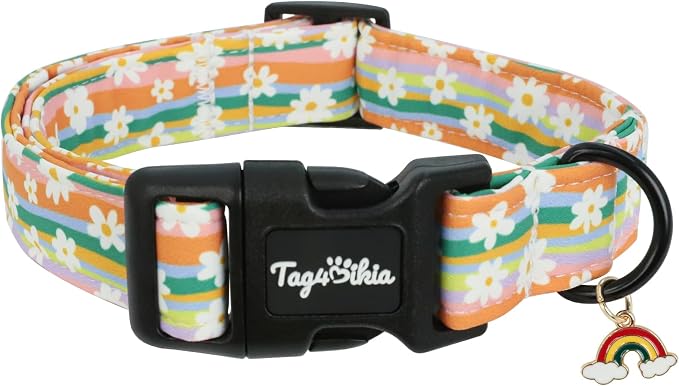 Dog Collar with Rainbows & Flowers Patterns, Spring Summer Collection Dog Collar with Exquisite Pendant, Durable Adjustable Collars for Gifts & Daily Use-XS