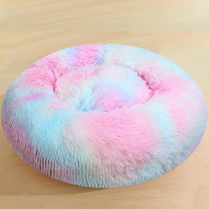 Calming Donut Dog Bed Cat Bed, 20 Inch Fluffy Anti-Anxiety Washable Cute Round Bed, Plush Cuddler Warming Cozy Soft Comfort Pet Puppy Bed for Small Medium Dogs and Cats, Multi Color