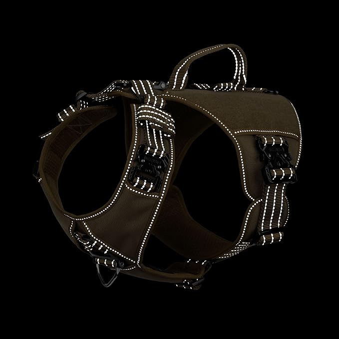 ICEFANG GN8 Tactical Dog Harness with 4X Metal Buckles for Large Sized Dogs,Reflective in Training Walking K9 Vest,No-Pull Front Leash Clip,Adjustable Pet Harness (Brown, Large (Pack of 1))
