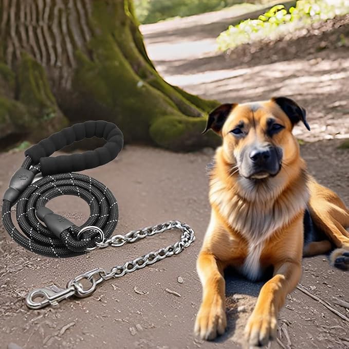 BTINESFUL 6FT Chewproof Dog Leash, Strong Nylon Rope with Anti-Chewing Chain and Padded Handle for Medium Large Dogs Outdoor Training Walking Hiking Black