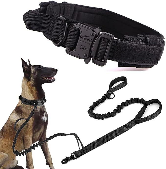 Tactical Dog Collar and Leash Set Adjustable Military Nylon Dog Collar with Control Handle and Heavy Duty Metal Buckle for Large Dogs （Black L