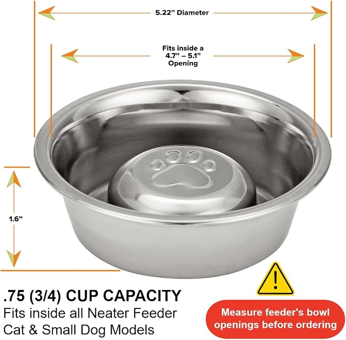 Neater Pet Brands Stainless Steel Slow Feed Dog Bowl for Fast Eating Small Breeds, Metal Slow Feeder Dog Bowl Fits in Cat & Small Neater Feeders, for Puppy or Dogs (< 15 lbs), 3/4 Cup Food Capacity