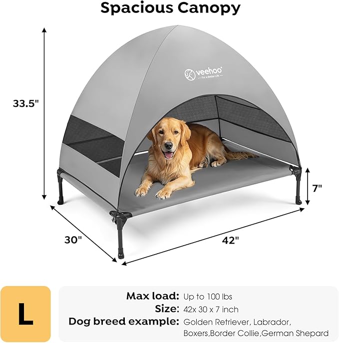 Veehoo Outdoor Dog Bed with Canopy, Portable Elevated Dog Bed with Sun Protection Shade Tent, Removable, Cooling Raised Dog Cot for Camping, Beach, 42 inches, Grey