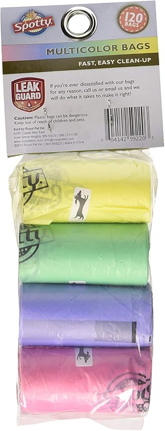 Spotty Leak-Proof, Easy Tear Off Refill Rolls, Disposable Pet Dog Poop Bags to Go for Waste Pickup, Multicolor, 120 ct, 8" x 15"