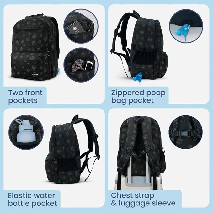 Dog Travel Bag for Supplies - Complete Dog Diaper Bag Backpack with 2 BPA-Free Travel Bowls, Treat Pouch, Food Container, Placemat & Laptop Sleeve – for Traveling, Road Trips, Hiking: Black-Paw Print