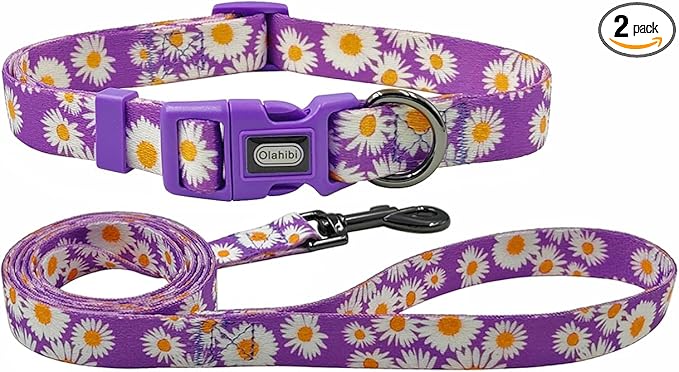 Dog Collar and Leash Set, Cute Daisy Pattern, Polyester Material, 5ft Leash, for Small Dogs.(Small,Purple Daisy)
